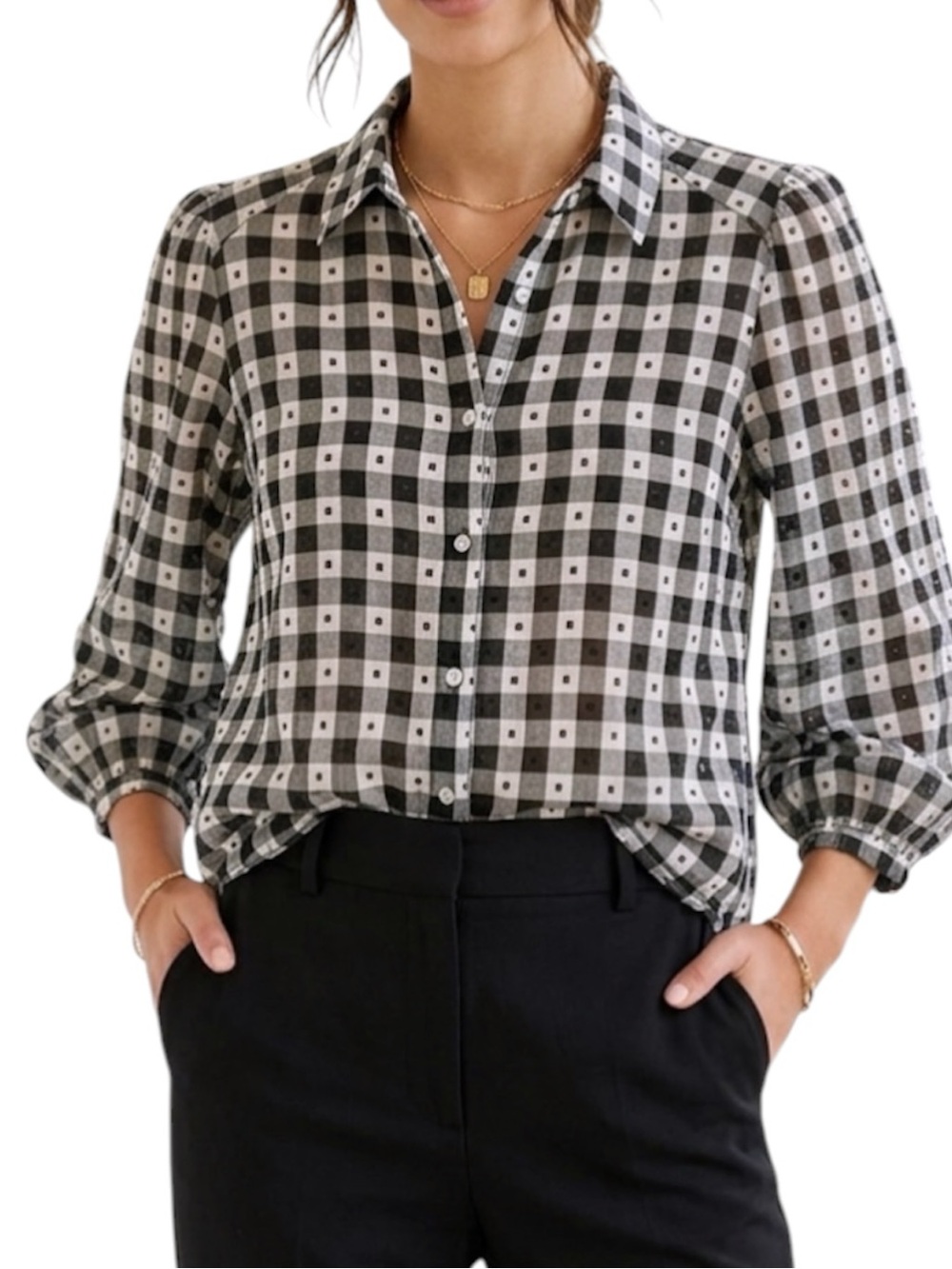 Nanette Lepore Black White Check Button up Semi-Sheer Balloon Sleeve Shirt Large